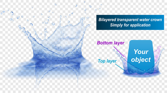 Translucent water splash crown with reflection consist of two layers: top and bottom. In blue colors, isolated on transparent background. Transparency only in vector file