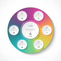 Infographic template with 6 circles, options, steps, parts. Can be used for diagram, chart, graph, brochure, annual report, business presentation