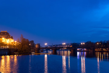 Obraz premium Scenic view of bridges on the Vltava river and historical center of Prague,buildings and landmarks of old town with National Theater,Prague,Czech Republic.