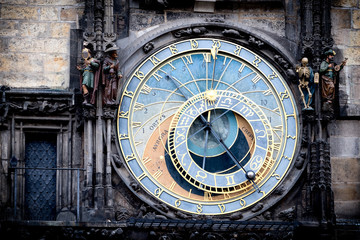 Detail view of Prague astronomical clock, famous Prague landmark in the center square of Czech Republic capital city.