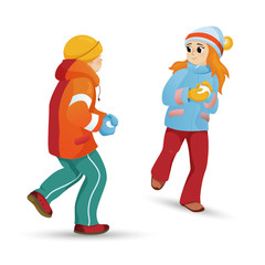 Kids, children, friends, boy and girl, playing snowballs, winter activity, cartoon vector illustration isolated on white background. Happy teenage kids, boy and girl playing snowballs, winter activity