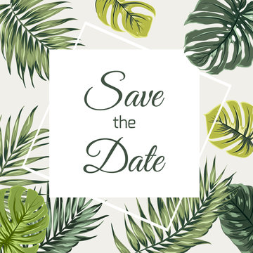 Save the date wedding invitation tropical greenery