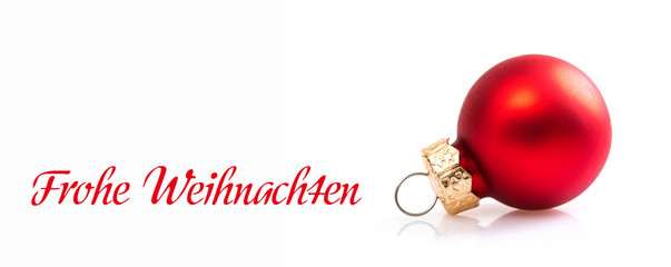 red christmas balls with german text Frohe Weihnachten - in english Merry christmas