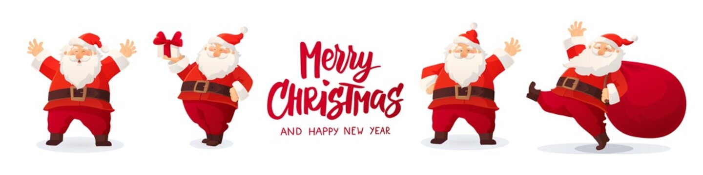 Set of cartoon Christmas illustrations isolated on white. Funny happy Santa Claus character with gift, bag with presents, waving and greeting.