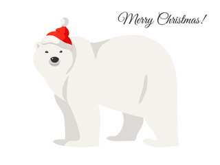 Fototapeta premium Christmas card. Illustration of white polar bear in Santa red hat isolated on white. 