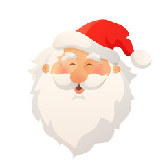 Happy smiling Santa Claus head with red hat and beard. Cartoon vector illustration.