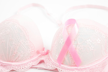 Breast Cancer Awareness, Pink Ribbon and Pink Bra On White Background. Space For Text