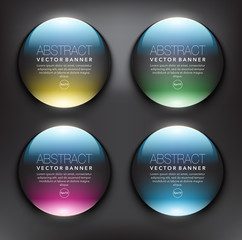Vector glass web banners set of 4. Round glossy banners. Isolated with realistic light and shadow on the black panel. Each item contains space for own text. Vector illustration. Eps10.