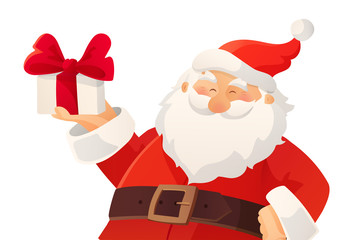Christmas card. Funny cartoon Santa Claus holding present with bow in his hand.