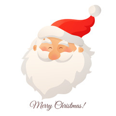 Happy smiling Santa Claus head with red hat and beard. Cartoon vector illustration.