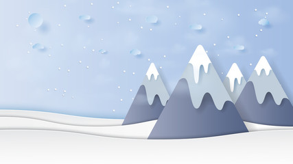 Fototapeta na wymiar Mountains and sky on winter season landscape background.Paper art style vector illustration.