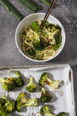 Delicious oriental food spaghetti with roasted broccoli. Healthcare concept.