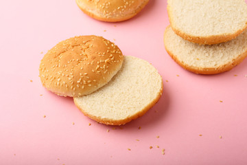 Burger Buns with sesama seeds on pink background