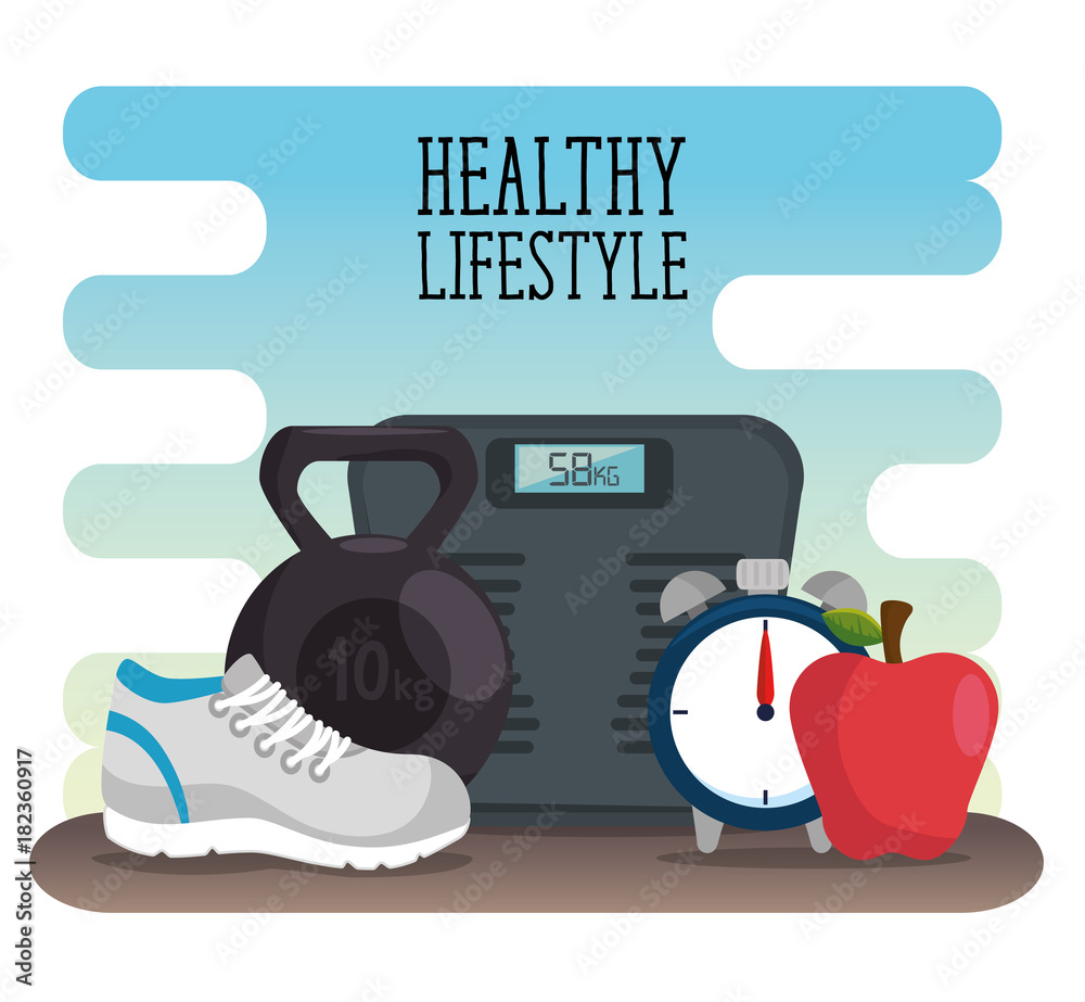 Poster healthy lifestyle concept with scale and fruits vector illustration graphic design