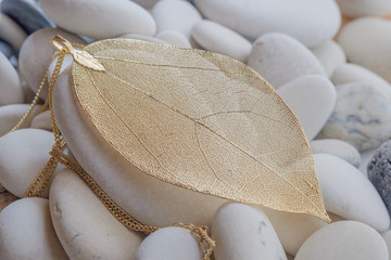 золотое украшение на гальке