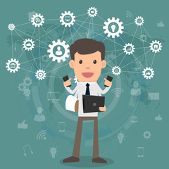 Businessman happy multitasking and multi skill with business icons background. cartoon character vector illustration.