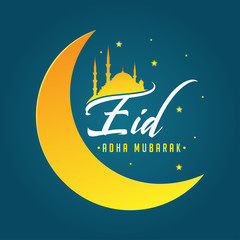 Eid Adha Mubarak with creative Mosque Silhouette and Moon light, Islamic, Muslim Religion, vector Greeting