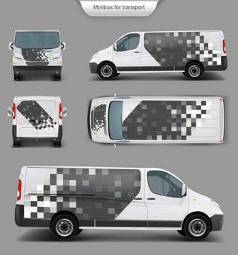 White Delivery Minivan, Minibus Front, Back, Side, Top View, Vector Realistic Isolated On Gray Background. Template, Mock Up Of Minivan For Brand Design, Corporate Transport, Soccer World Cup Concept