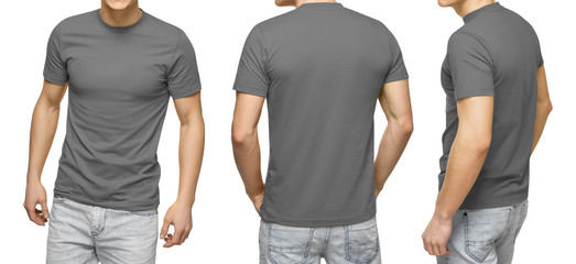 Young male in blank gray t-shirt, front and back view, isolated white background. Design men tshirt...