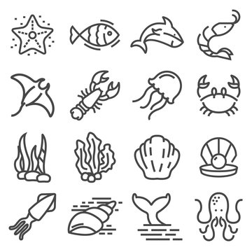 Simple set of sea related vector line icons