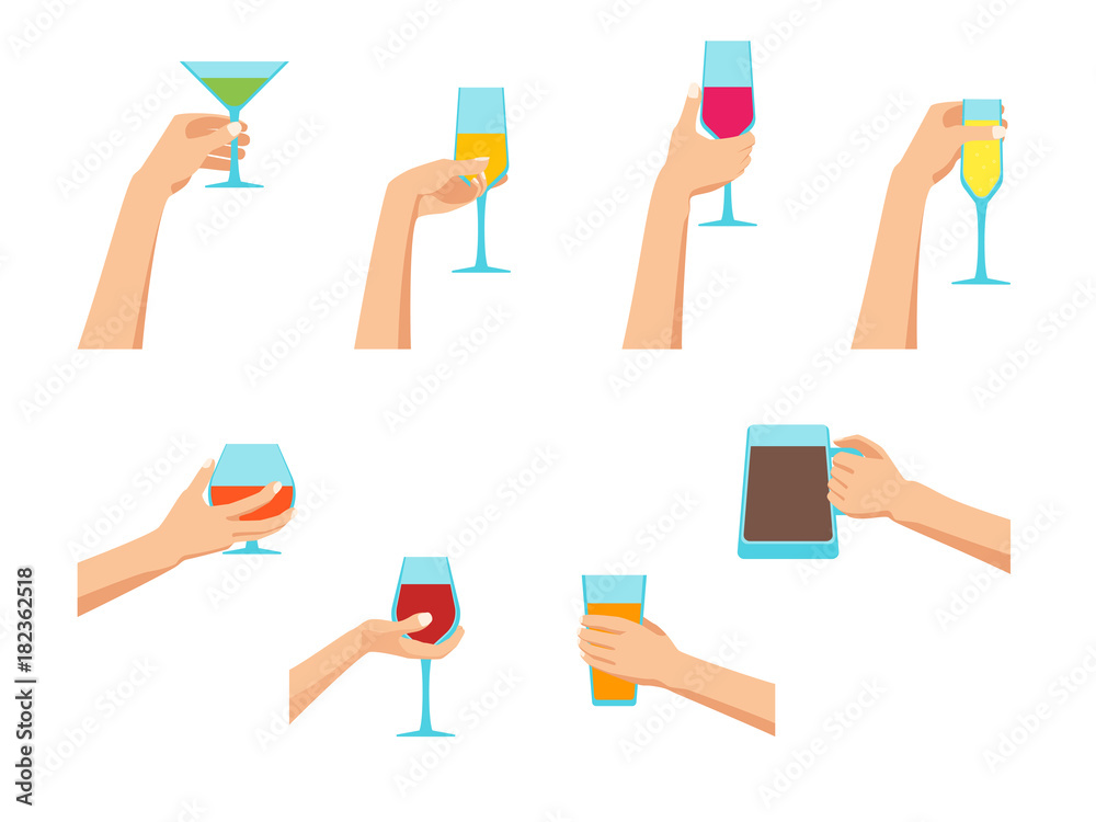 Sticker Cartoon Human Hands Holding Glasses Set. Vector