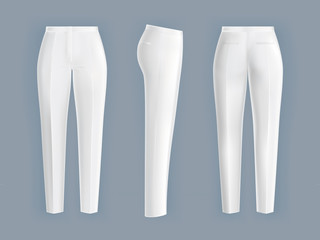 Shiny clean white womens pants realistic vector isolated on a blue background. Womens formal pants in front, back and side viewn, design element