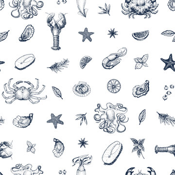 Seafood vector seamless pattern for restaurants, emblem, packaging. Hand drawn image. Retro illustration