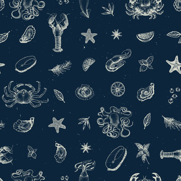 Seafood vector seamless pattern for restaurants, emblem, packaging. Hand drawn image. Retro illustration. Dark background.