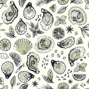 Vector hand drawn seamless pattern with oysters. Retro illustration. Can be use for restaurant, menu, packaging.
