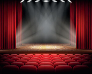 Open red curtain and empty illuminated theatrical scene realistic vector illustration. Grand opening concept, performance or event premiere poster, announcement banner template with theater stage