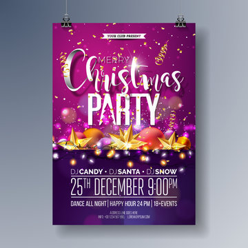 Vector Merry Christmas Party Flyer Illustration with Holiday Typography Elements and Ornamental Balls, Cutout Paper Star, Light Garland on Shiny Background. Celebration Poster Design. EPS10.