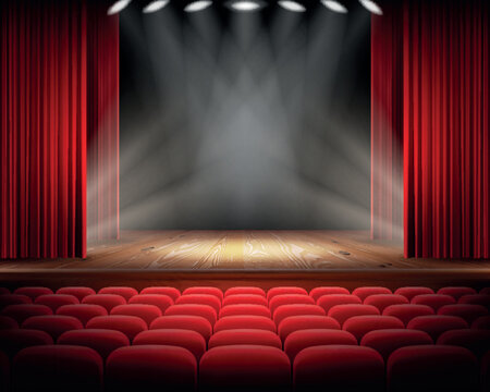 Open red curtain and empty illuminated theatrical scene realistic vector illustration. Grand opening concept, performance or event premiere poster, announcement banner template with theater stage