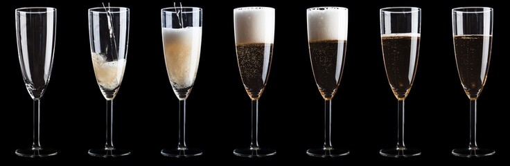 Set of empty to full Champagne glasses
