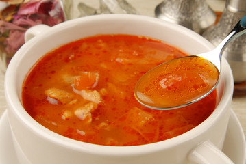 Closeup of borsch, russian national red soup.    