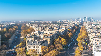 Paris, panorama from Arc de Triomphe, buildings, avenues and la defense buildings in background 
