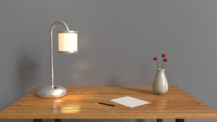 grey wall wood table with lamp light 3d rendering blank paper