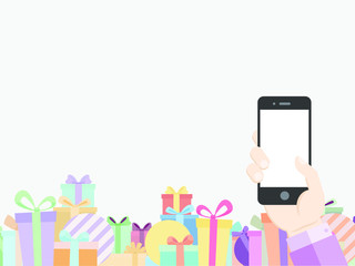 Online mobile shop business template background with gift box footer