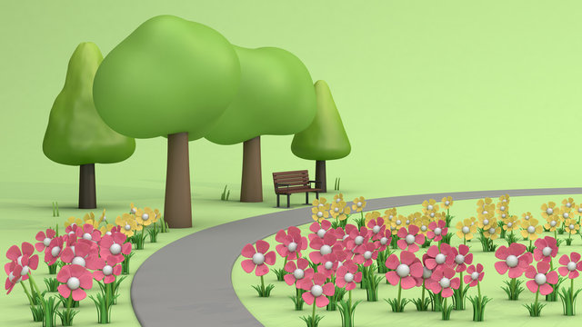 abstract green parks low poly tree flower garden cartoon style 3r rendering