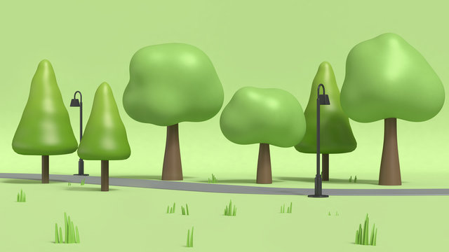 abstract green parks low poly tree cartoon style 3r rendering