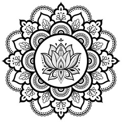 Circular pattern in the form of a mandala. Henna tatoo mandala. Mehndi style. Decorative pattern in oriental style. Coloring book page.