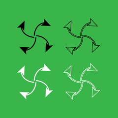 Four arrows in loop from  center icon  Black and white color set