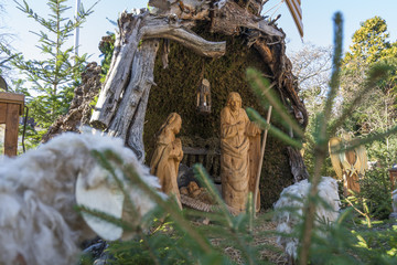 Outdoor nativity scene at Christmas market in Merano South Tyrol