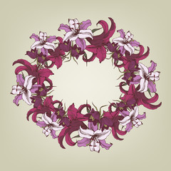 Vector round floral wreath of flowers Lilies and Fritillaria in vintage style. Colorful frame of flowers 