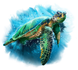 Big sea turtle watercolor painting - obrazy, fototapety, plakaty