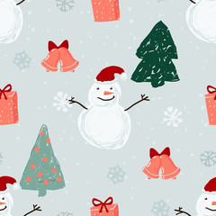 Seamless pattern with Santa, snowmen and Christmas trees