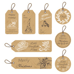 Christmas gift tags with hand drawing elements. Vector illustration sketch Holidays. - obrazy, fototapety, plakaty