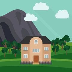 Lone two-storey house in the background of a mountain with an green tree. Vector illustration.
