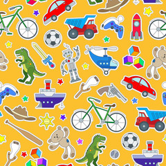 Seamless pattern on the theme of childhood and toys, toys for boys, patch icons on orange background