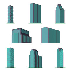 Set of eight  modern high-rise building on a white background. View of the building from the bottom. Isometric vector illustration.
