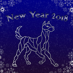 Fototapeta na wymiar Illustration on the theme of New year Chinese ,character dog on a blue background with snowflakes and the words, a silver contour of the animal